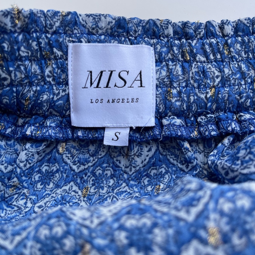 MISA Los Angeles Mini Skirt, "Marina Ruffle", Blue w Metallic Detailing, Sz Sm - Picture 4 of 5